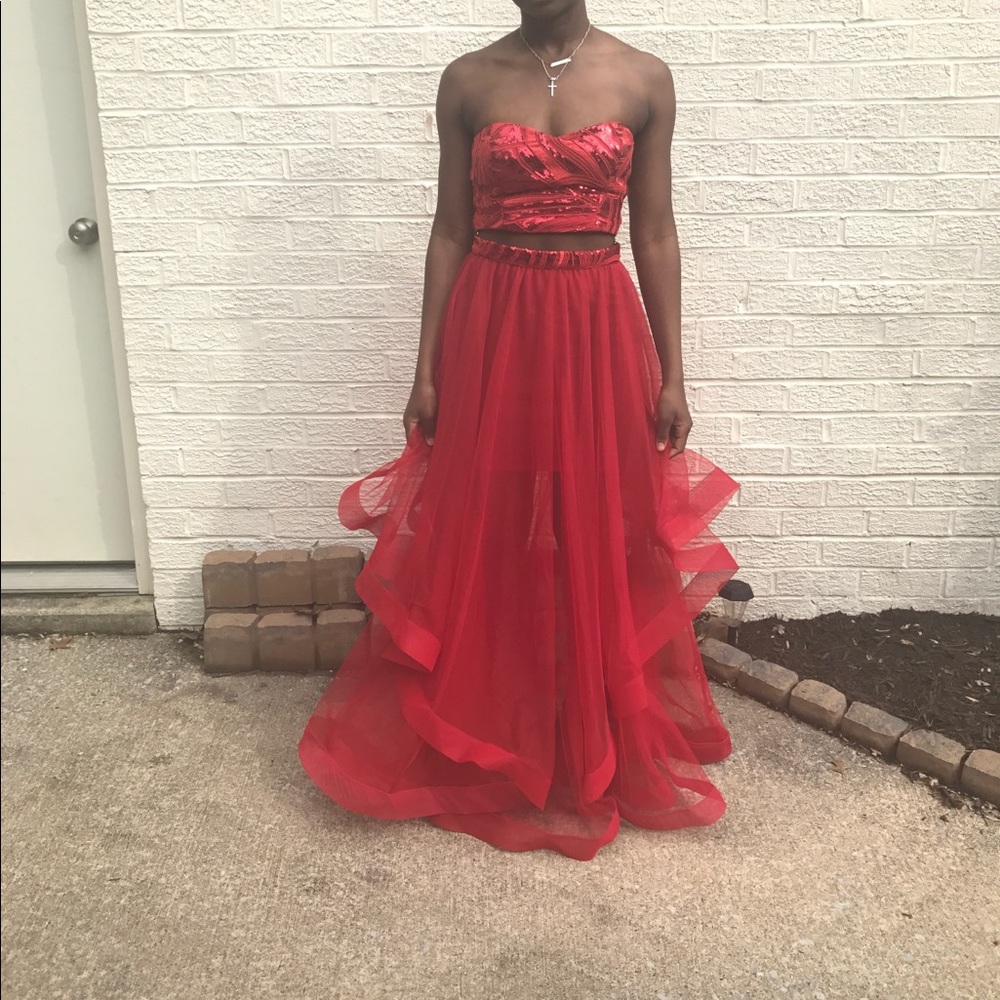 Red two-piece prom dress with sequins.